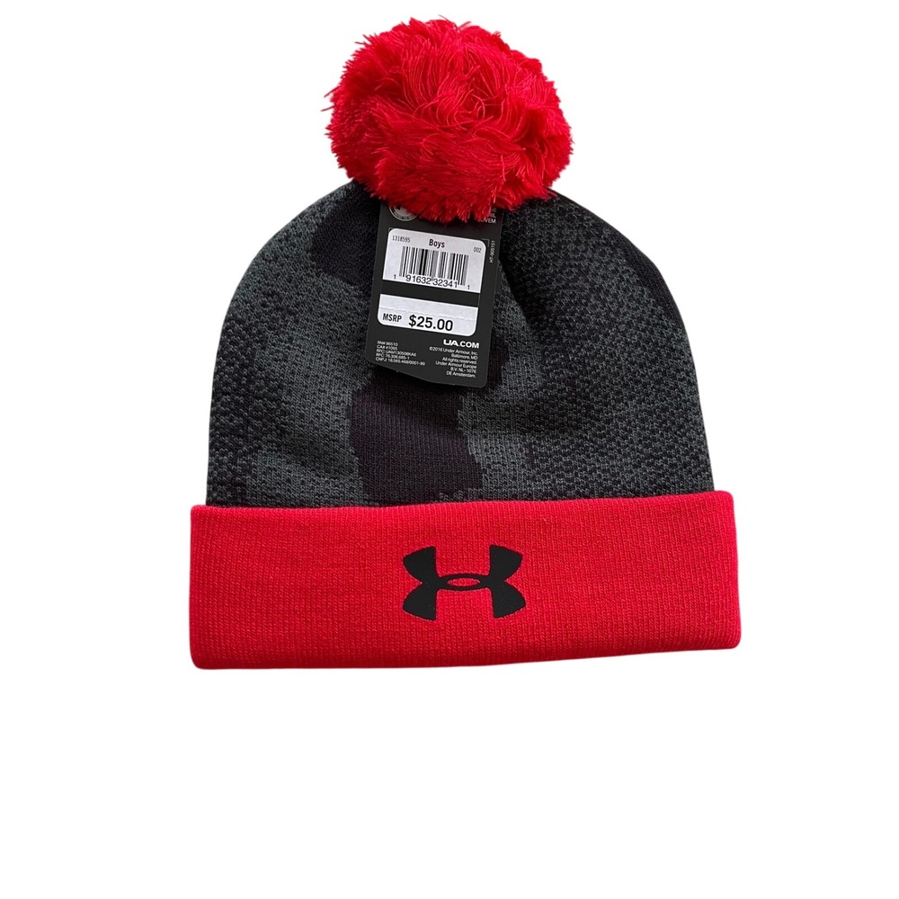 Under Armour Boys ColdGear Camo Pom Beanie Hat Grey‎ Red Black 1318595-002 NEW